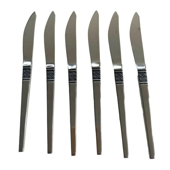 Vintage Ekco Eterna Gemini Dinner Steak Knives Japan MCM Scroll Set of 6 - Picture 1 of 5